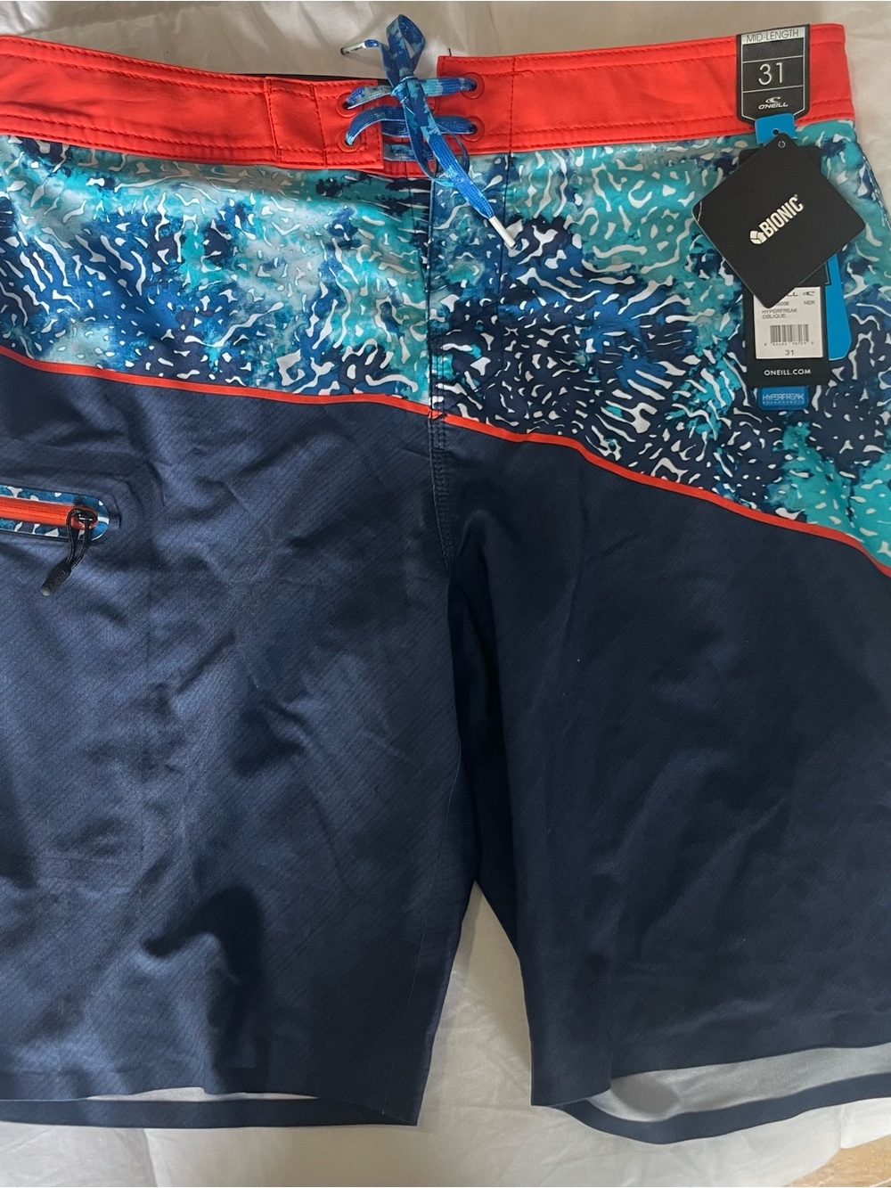 O'Neill Navy & Coral Panel Swim Boardshorts with Aqua Print